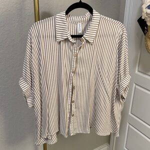 Zenana Outfitters Women's Beige Striped Button Down Shirt